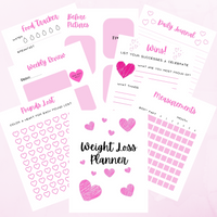 Cute and fun printable weight loss planner sheets.  Printable weight loss tracker, daily journal, wins, measurements, pounds lost tracker, food tracker, before and after pictures