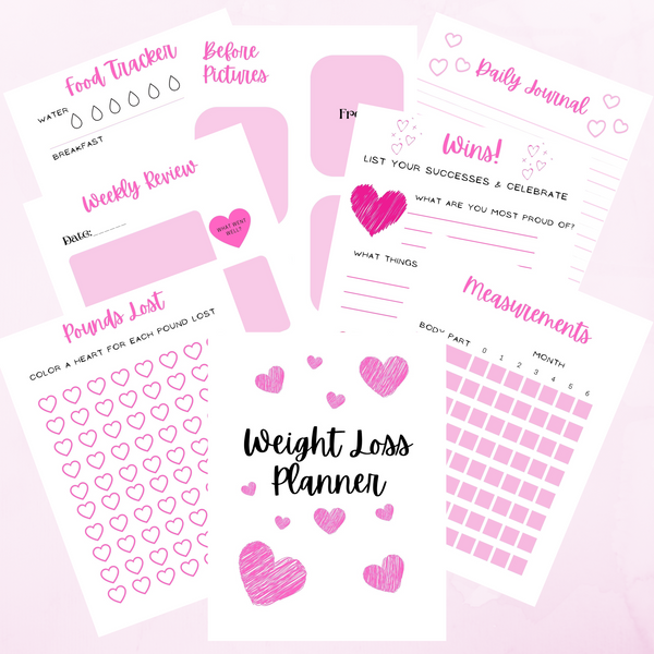 Cute and fun printable weight loss planner sheets.  Printable weight loss tracker, daily journal, wins, measurements, pounds lost tracker, food tracker, before and after pictures