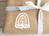 neutral boho rainbow happy mail stickers png, printable happy mail stickers, cute product packaging, pretty product packaging Etsy, shipping stickers