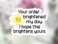 Your order brightened my day sticker, Your order made my day sticker, handmade business packaging ideas, Etsy packaging stickers, online business stickers printable