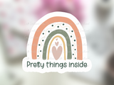 Pretty things inside printable small business stickers for Etsy sellers, boutique happy mail stickers, boutique product packaging boho stickers, boho rainbow pretty things inside sticker
