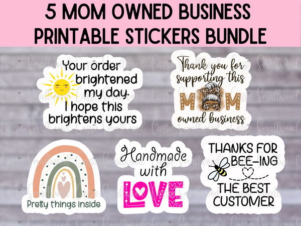 Mom Owned Business Printable sticker bundle, cute packaging ideas for Etsy shop, Shipping stickers for handmade business, small business thank you stickers printable cricut png